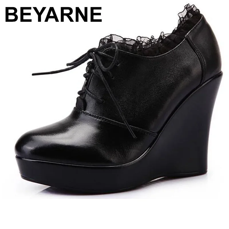 BEYARNE in pelle in stile Europeo delle signore delle donne ultra tacco alto singolo shoessexy della cinghia del merletto della pelle bovina OL scarpe da lavoro per le donne di modo di pompe