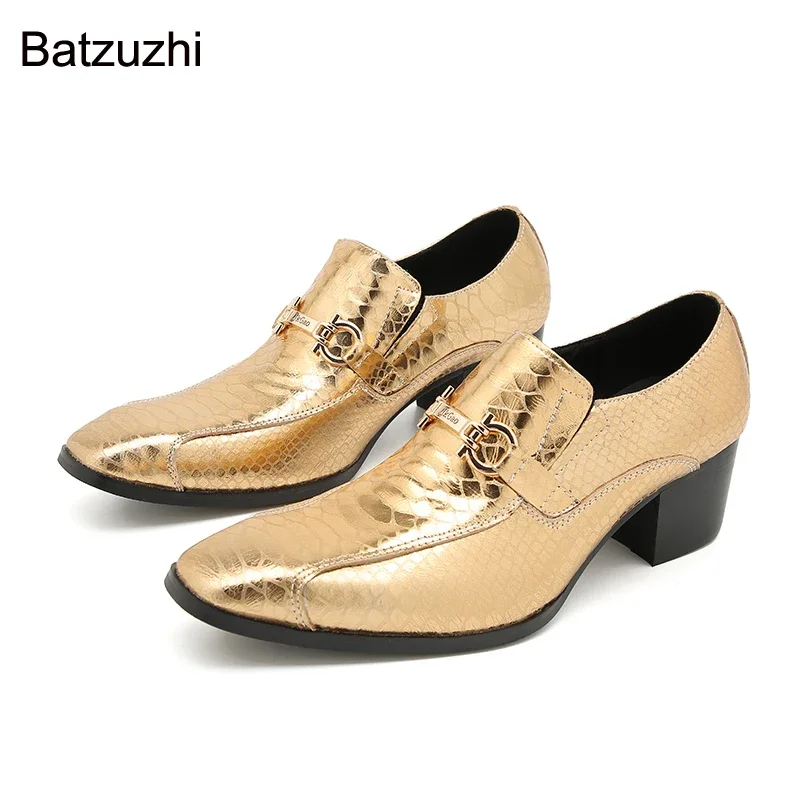

Batzuzhi 6cm High Heels Men's Shoes Slip on Gold Business Leather Dress Shoes for Men Formal Fashion Party/Wedding Shoes Man
