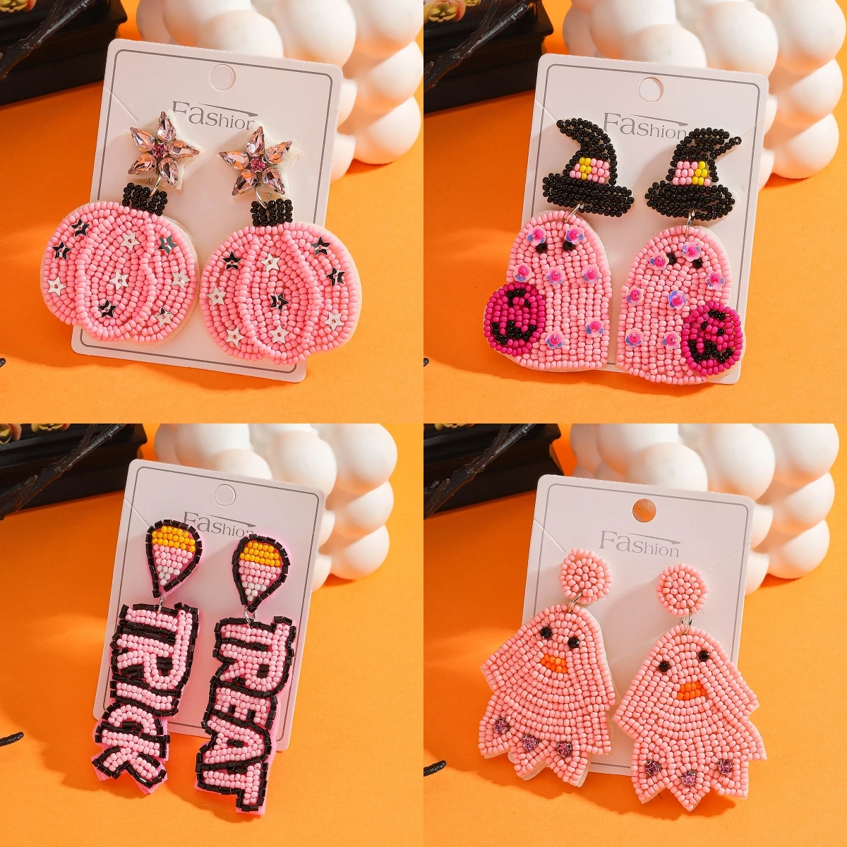 

Pink Color Beaded Halloween Earrings For Women Bohemia Handmade Seed Beads Ghost Pumpkin Dangle Earrings Holiday Creative Gift