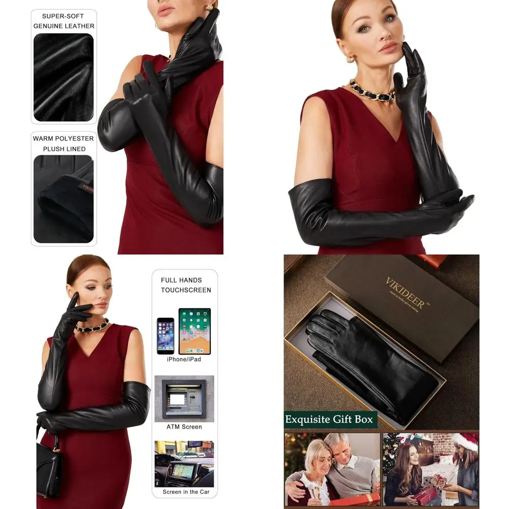 럭셔리 플러시 안감 여성용 풀 터치스크린 가죽 장갑, 이브닝 및 아트 이벤트용 23.6