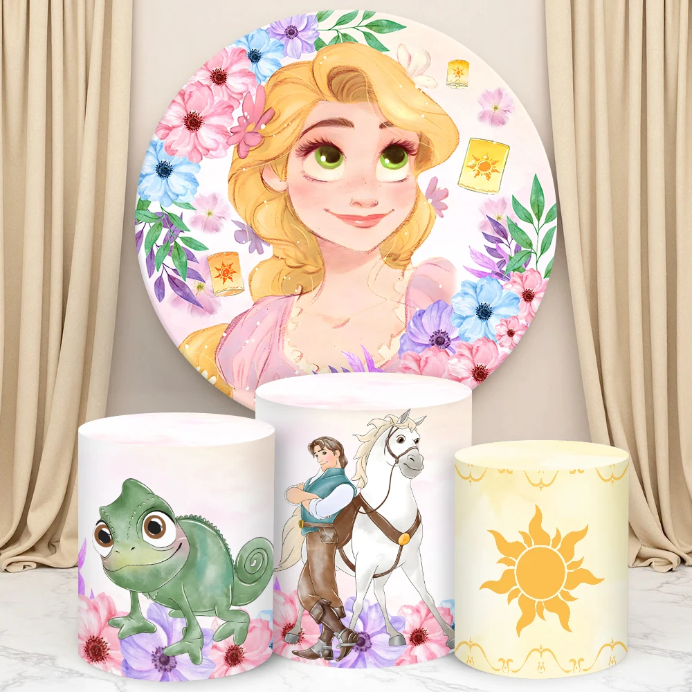 

Rapunzel Theme Round Cylinder Backdrop Cover for Girls Birthday Party Cylindrical Cake Table Cover Party Photograph Decoration