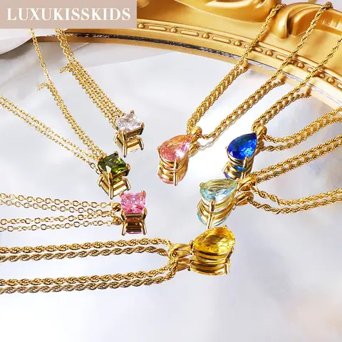LUXUKISSKIDS 물방울 펜던트 목걸이, 심플한 패션, 선명하게 핑크 블루 그린 스톤 초커, 소녀 및 여성용 스퀘어 콜리어 2024