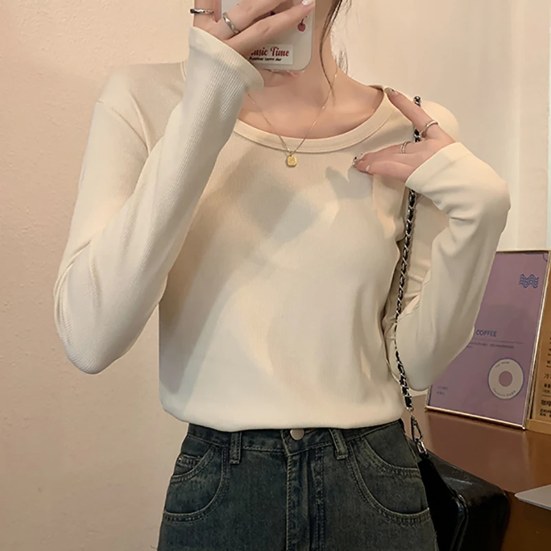 2023 Autumn Winter Sanding T Shirt For Women Tops Solid Basic T-Shirts Womans Clothing Elastic Long Sleeve Tees Camisetas Mujer