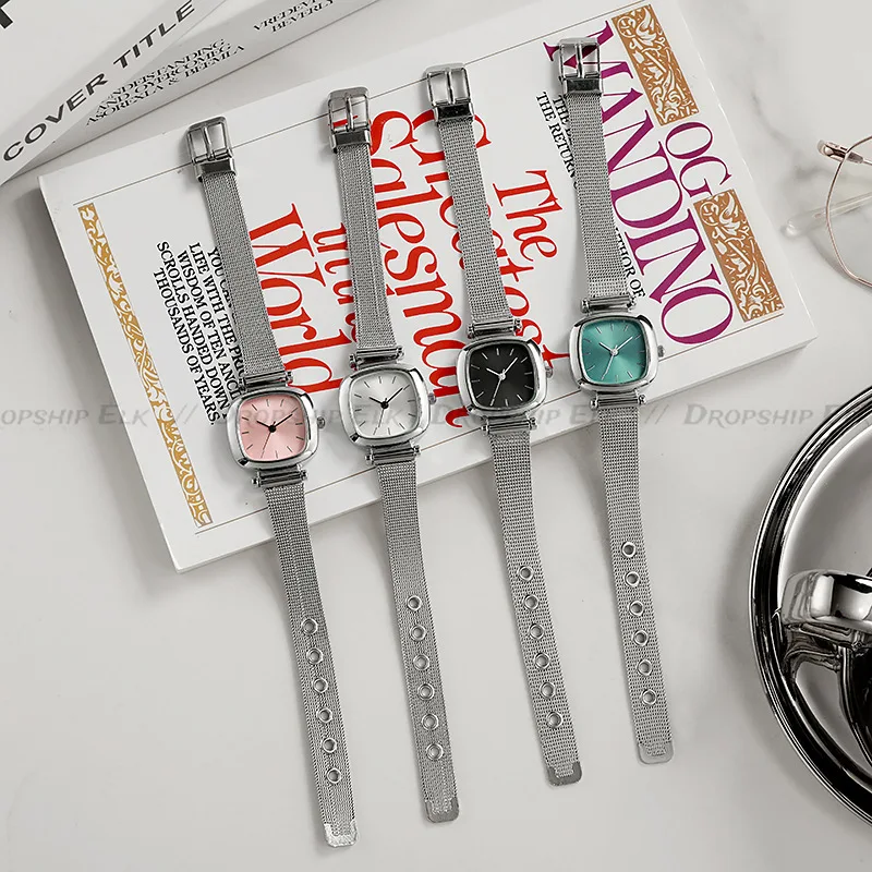 Reloj de pulsera de cuarzo Retro a la moda para Mujer, nuevo Reloj cuadrado para Mujer, Reloj con cinturón de red simplificado para estudiantes, Reloj femenino
