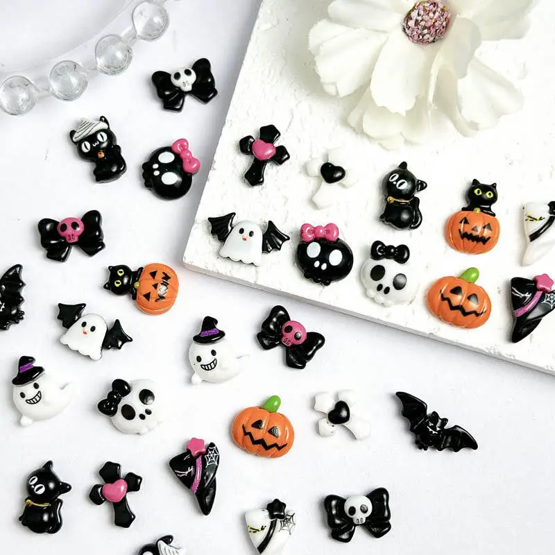 10PCS Cartoon Funny Ghost Pumpkin Monster Nail Charms Cute Bow Skull Cat Resin Nail Art Decorations for DIY Hallowween Nails image 2