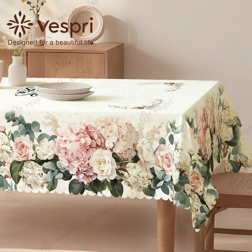 Floral Tablecloth with Roses, Birds, Hydrangeas for Indoor/Outdoor Camping decor, Rectangular/Round/Oval