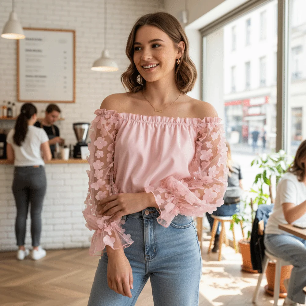 Flower Pattern Off Shoulder Blouses Three-dimensional Decoration Transparent Fabric Lace Blouses Slim Fit Long Sleeve Tops