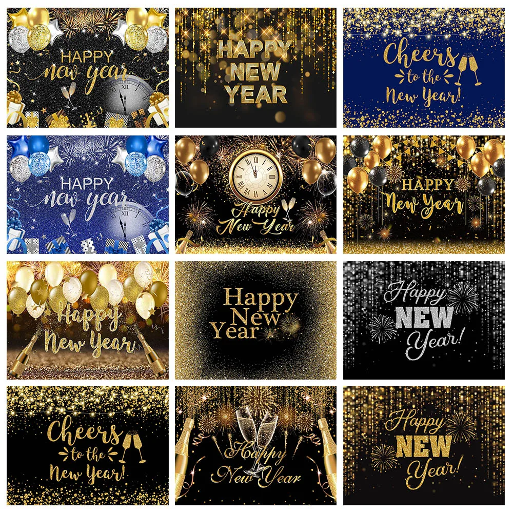 Mocsicka-Toile de fond de bonne année, ballon doré scintillant, feu d'artifice champagne, fond de photographie, décor de fête, accessoires de studio photo
