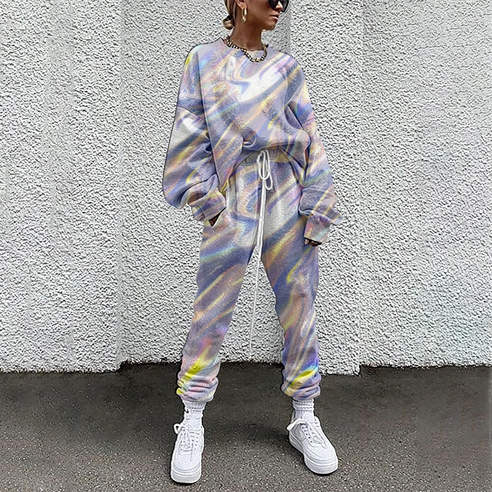 

SOJINM Women Tracksuit Color Print 2 Piece Outfit Sweatshirt+Straight Sweatpants Matching Set Fitness Sporty Streetwear XL