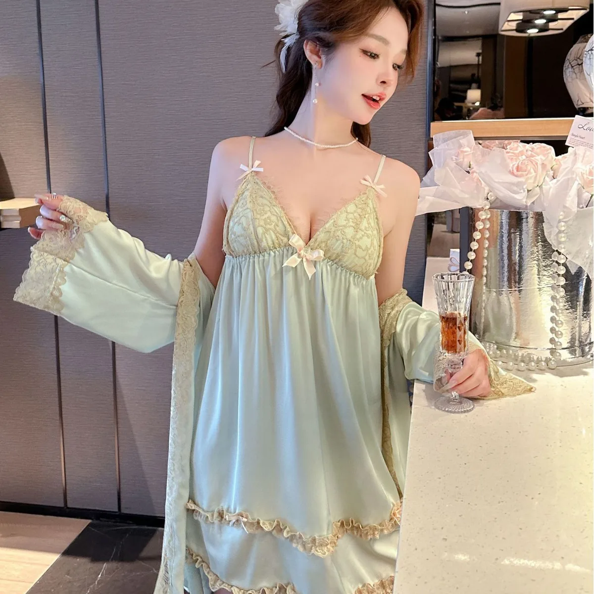 Sexy Robe Set Lace Female 2PCS Bathrobe&Suspender Nightdress V-Neck Kimono Gown Sleepwear Suit Women Home Wear