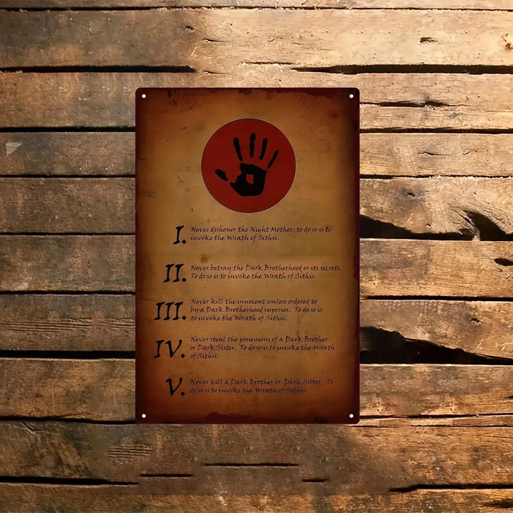 Skyrim Dark Brotherhood Metal Sign - 1pc Gothic Game Room Tin Poster, Retro Metal Wall Art with Thumbs Up & Text for Man Cave Ba