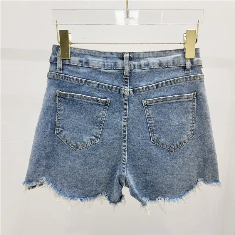 High Waist Stretchy Burr Denim Hot Pants Female 2024 Summer New Heavy Industry Beads Embroidered Blue Shorts Women Clothing