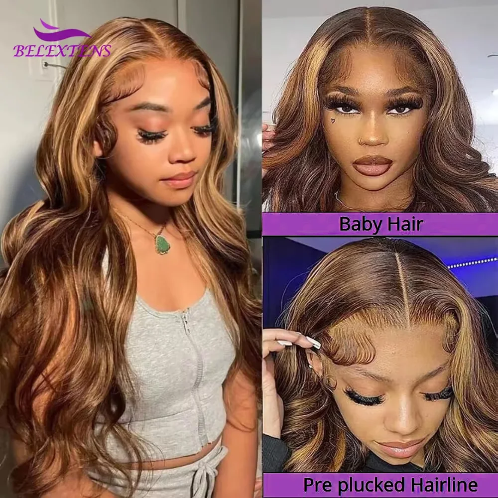 Body Wave Highlight Ombre Honey Blonde P4/27 Colored Wig 13x4 Transparent Lace Front Human Hair Wig Pre Plucked 3 Days Delivery