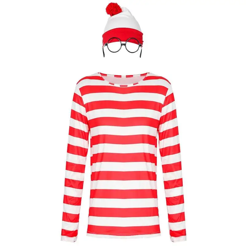 Wheres Waldo disfraz de la semana del libro, traje elegante, sombrero de Color rojo y blanco, camisa Wheres Waldo, gafas enmarcadas gruesas redondas para lectura Da