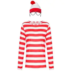 Wheres Waldo Costume Book Week Fancy Outfit Red And White Color Hat Wheres Waldo Shirt Round Thick Framed Glasses For Reading Da