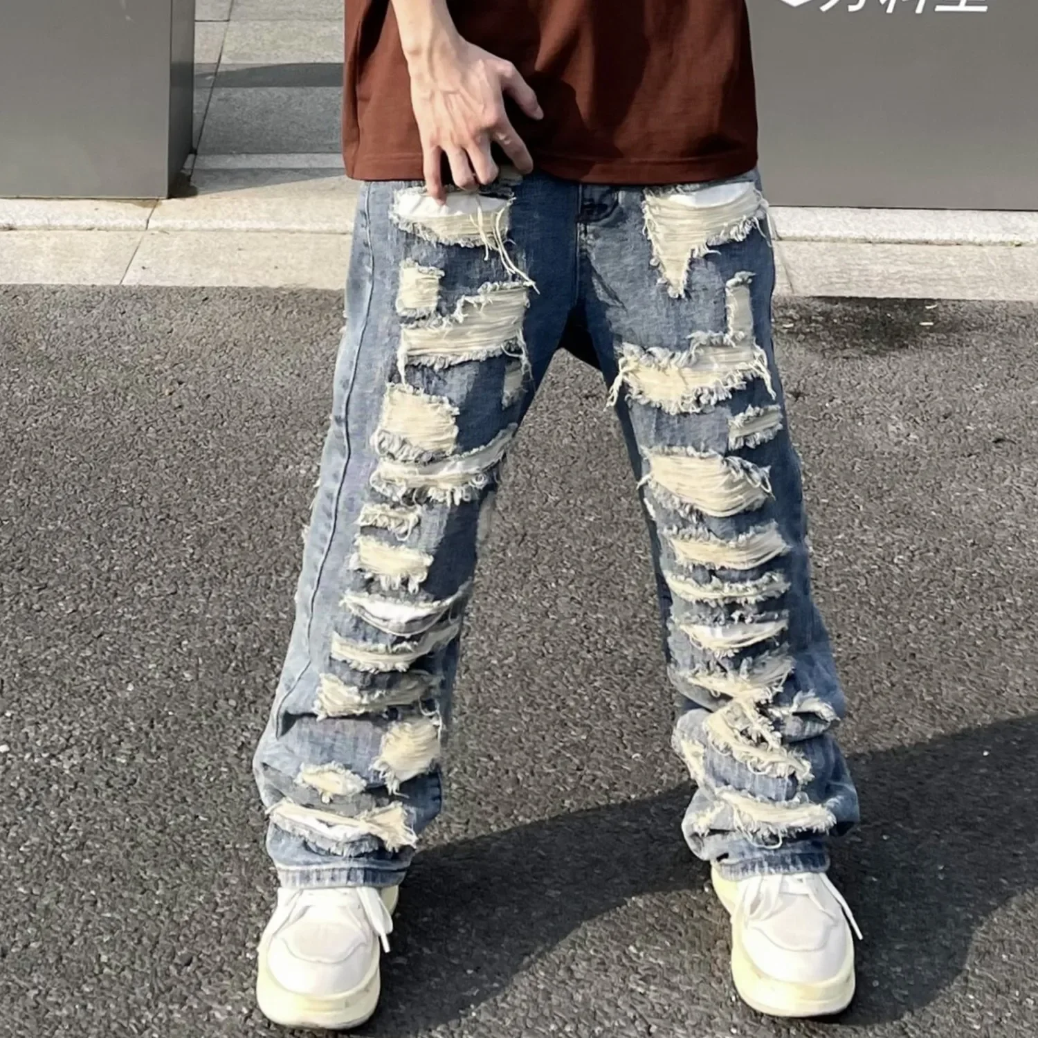 

Retro Old Heavy Industry Destruction Design Jeans Men and Women American Street Holes Loose Straight Slightly Pulled Trousers