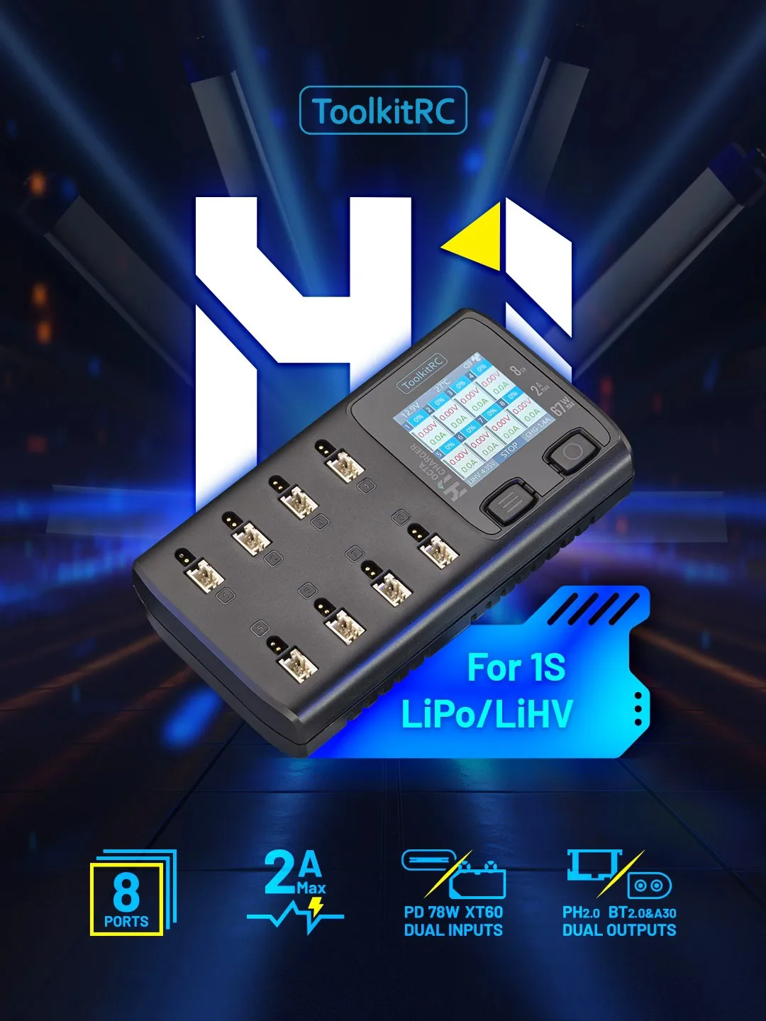 ToolkitRC H1 1S Ladegerät, PD 78W Max 2A 8 CH PD DC Dual-Eingang Unterstützt PH2.0 BT2.0 A30, LiPo LiHV LiFe für FPV Tiny Whoop RC Drohne – Detail 3
