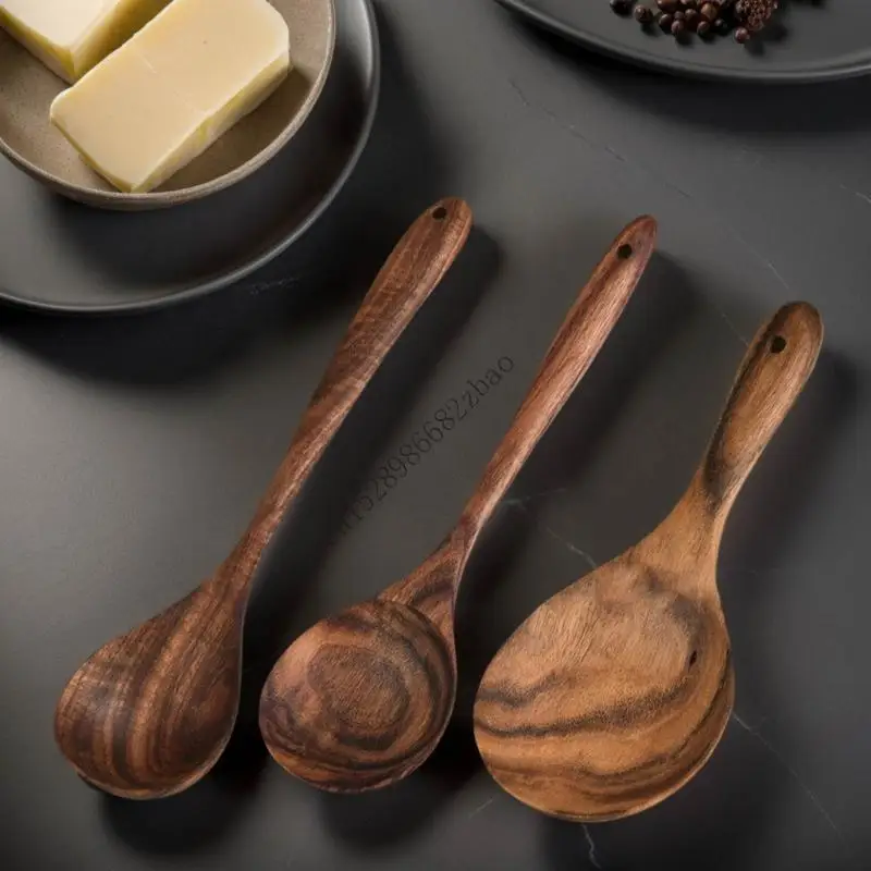 H7EA Costilla sopa madera natural con largo para servir arroz con paleta multifuncional resistente a los utensilios