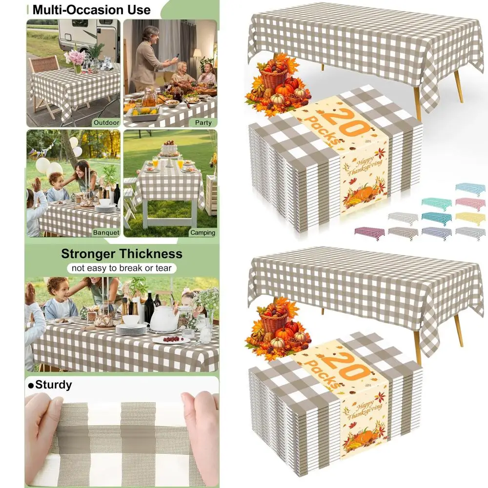 

Gingham 20-Pack Waterproof Plastic Tablecloths, 54x108 Khaki & White, Ideal for Thanksgiving, Picnics, Parties