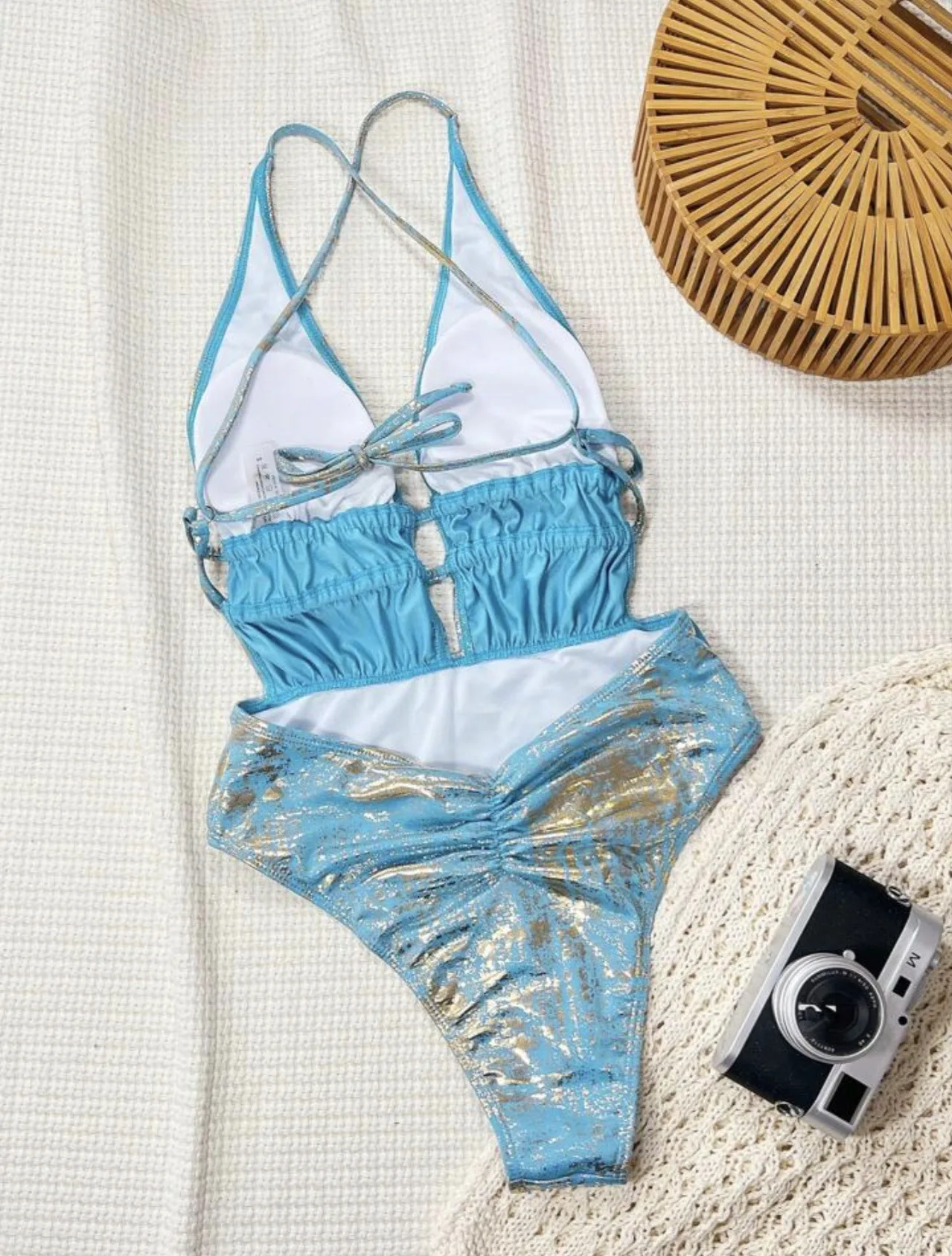 ชุดว่ายน้ำวันพีซแบบเว้าลึก ปรับเชือกได้ โมโนกินี ชุดบิกินี่เซ็กซี่ สไตล์ชุดว่ายน้ำฤดูร้อน สีฟ้า ชุดบอดี้สูทเว้าข้าง เสื้อชุดว่ายน้ำผู้หญิง