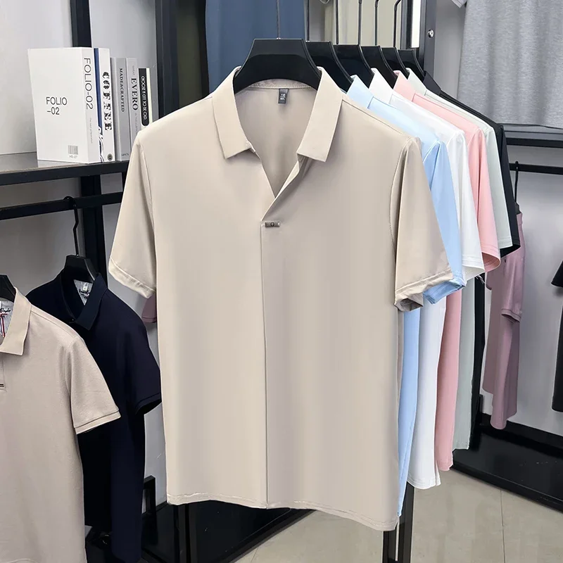 Mens Ice Silk Hidden Single Button Lapel Collar Short Sleeve Dress Shirts Slim Fit Soft Wrinkle Free Breathable Summer Tops