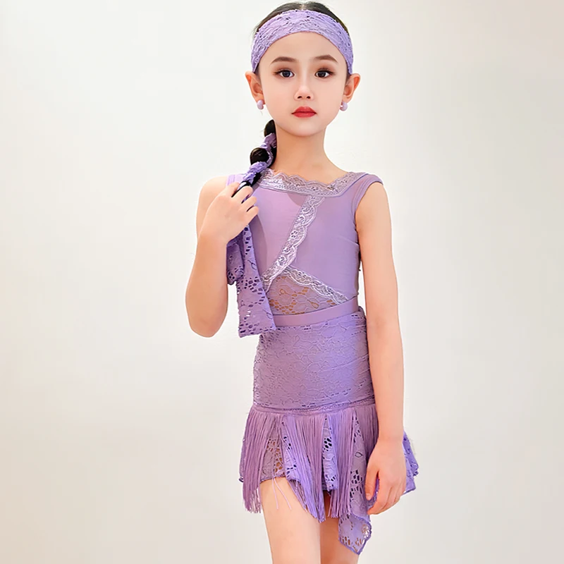 

Summer Latin Dance Costume Girls Purple Lace Fringe Skirts Set Kids Latin Performance Dress Cha Cha Rumba Practice Wear VDL3475