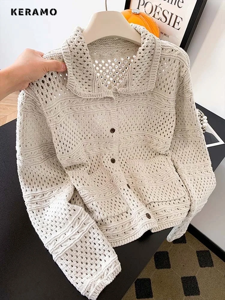 

Casual Turn Down Collar Knit Long Sleeve Pure Cardigans Women Fashion Solid Color Single Breasted Ladies Hollow Out Sweater