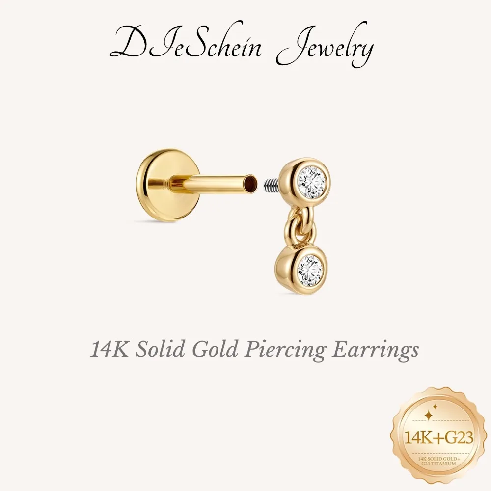 DIeSchei 14K Gold Stud Earring for Women 18G Double Round CZ Dangle Chain Flat Back Earrings Gold for Piercing Earrings With Box