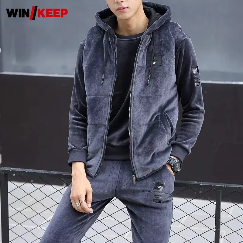 Winter Mens 3pcs Velvet Tracksuit Hoddie Vest Coat Sweatshirt Pants Suits Casual Joggers Fitness Sets Fashion Warm Track Suit