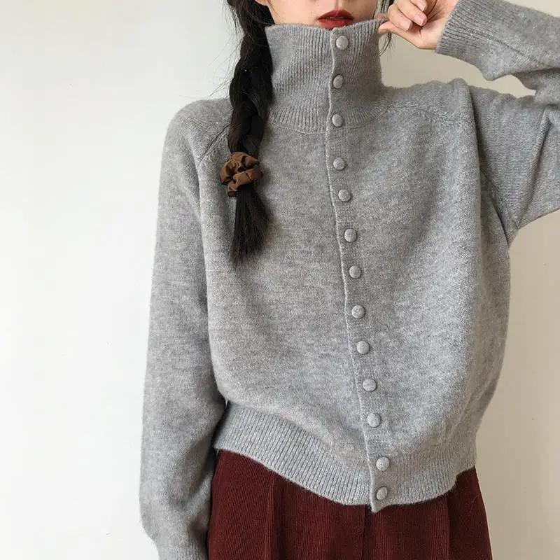 Women's High Neck Knit Cardigan Button Down Sweater Jacket Cozy Soft Knitwear Fall Winter 2026 Korean Style