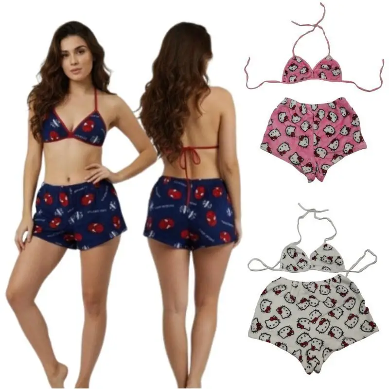 

New Hello Kitty Two Piece Pajama Set for Women Flannel Soft Bra Top Shorts Cute Cartoon Lounge Wear Home Outfit Y2k Sexy Bikini
