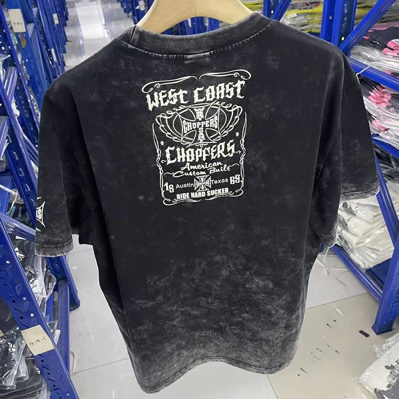 West Coast Choppers T-shirt Men's Washed Black Skull Letter Print WEST COAST Short Sleeve Streetwear