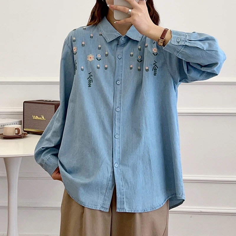 

Spring Autumn Floral Embroidered Washed Cotton Denim Shirt Tops Women Clothing Loose Temperament Cowboy Shirts & Blouses U396