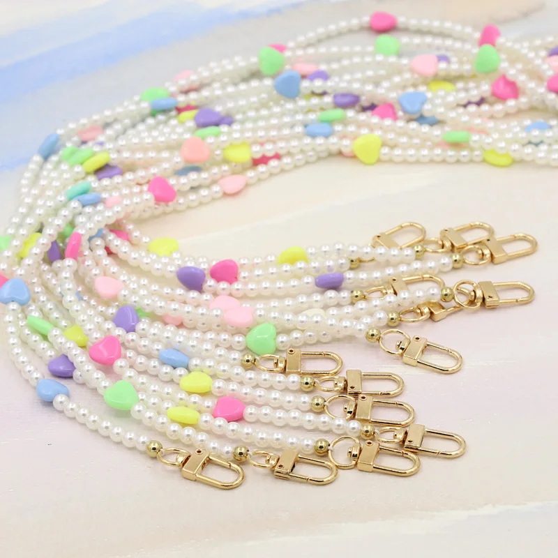 120cm Long Chain Colorful Lovely Heart Charm Mobile Phone Chain Imitation Pearl Bag Accessories Chain Lanyard Women Jewelry Gift