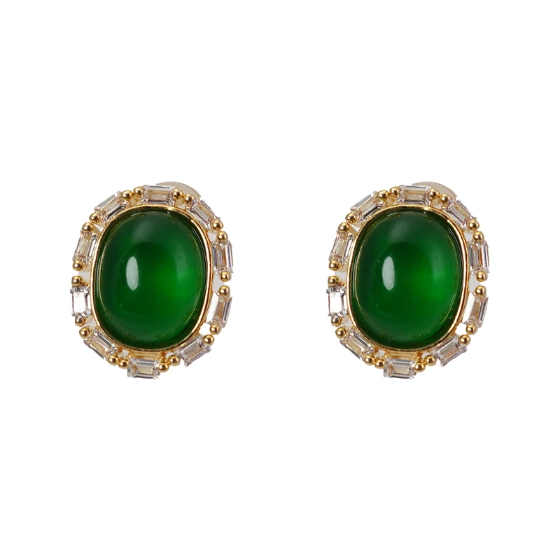

Emerald stud earrings New Chinese retro natural stone earrings Explosive light luxury high-end medieval earrings