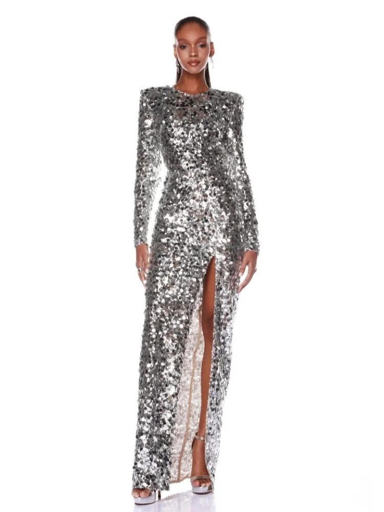 

Sexy Backless Long Sleeve Sparkly Sequins Long Dress Women Sliver Sequin O Neck Split Slim Dresses Evening Party Cocktail Gowns