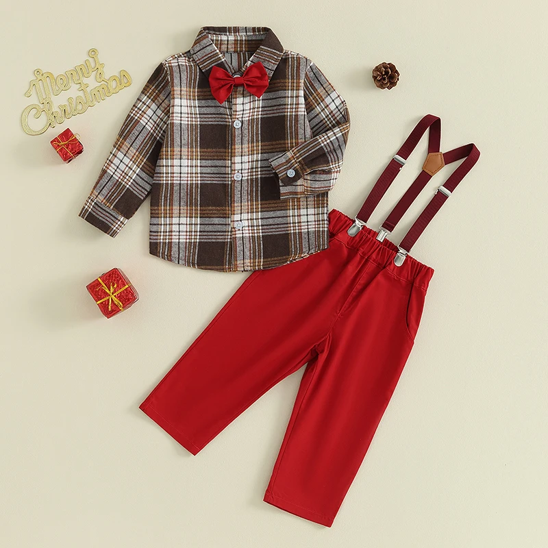 Suefunskry Toddler Boy 2Pcs Suit Plaid Button Long Sleeve Shirt with Bow Tie and Suspenders Pants for Gentlemen Formal Outfit