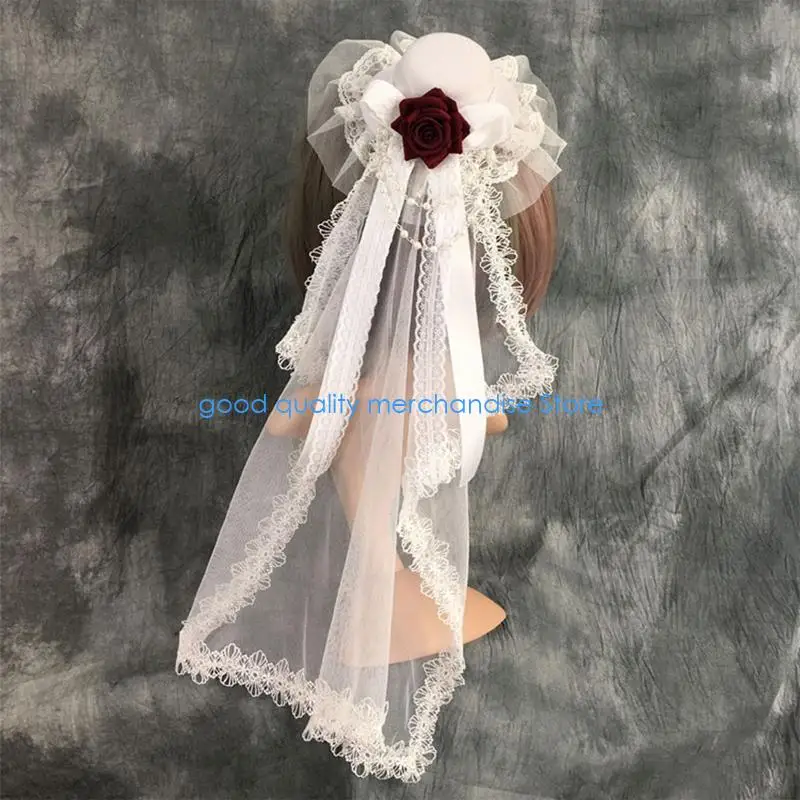 Y5JD koronkowy welon ślubny kapelusz gotyckie nakrycia głowy Halloween czarny welon mały kapelusz