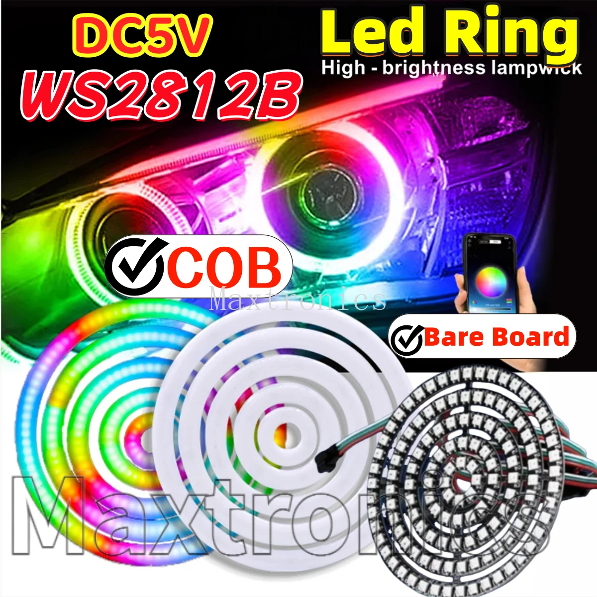 Светодиодное кольцо WS2812B FCOB RGB 18/36/54/72/90 светодиодов / Плата без корпуса 8/16/24/35/45 с индивидуальной адресацией, контроллер SP611E Bluetooth APP