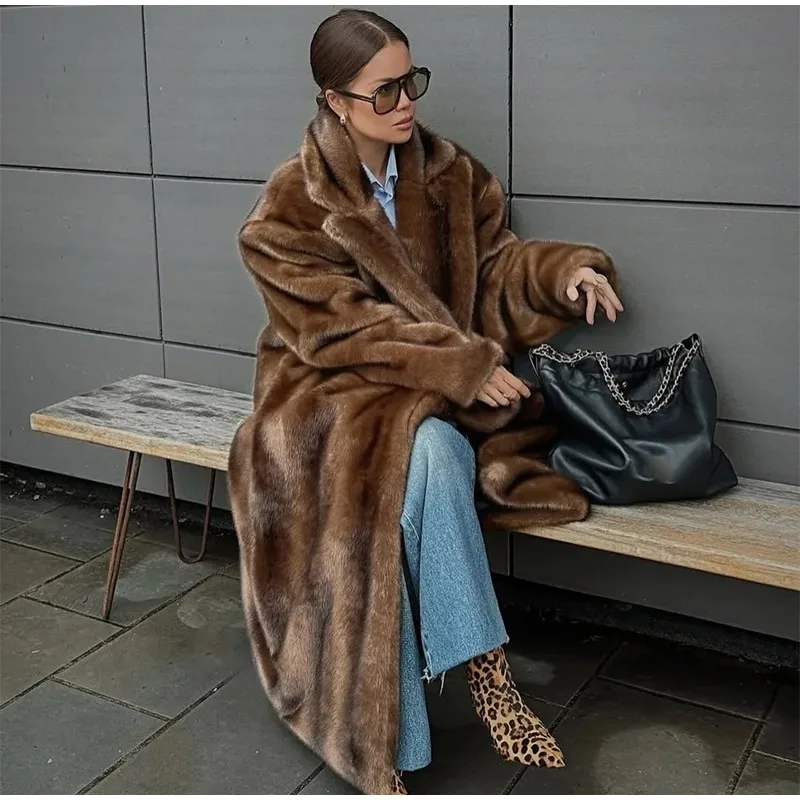 Luxury Faux Fur Maxi Coat Chic Open Front Stand‑collar Long Sleeve Oversized Outerwear Winter Women Fashion Autumn Warm 2026 New