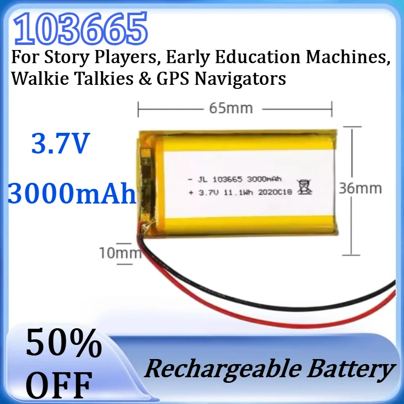 New 3.7V 3000mAh 103665 Li Polymer Built-in Battery for Story Players, Early Education Machines, Walkie Talkies & GPS Navigators