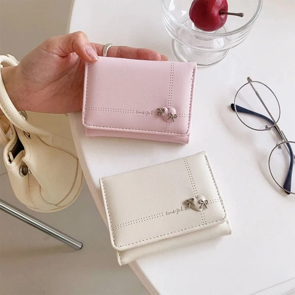Heart-Shaped Bow Design Tri-fold Short Wallet Foldable Multiple Card Slots Money Bag PU Leather Multipurpose Credit Card Holder