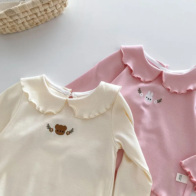 2024 New Autumn Baby Blouse Toddler Cute Embroidery Fitting Bunny Undershirt Kids Girls Bear Outwear Bottoming Shirt