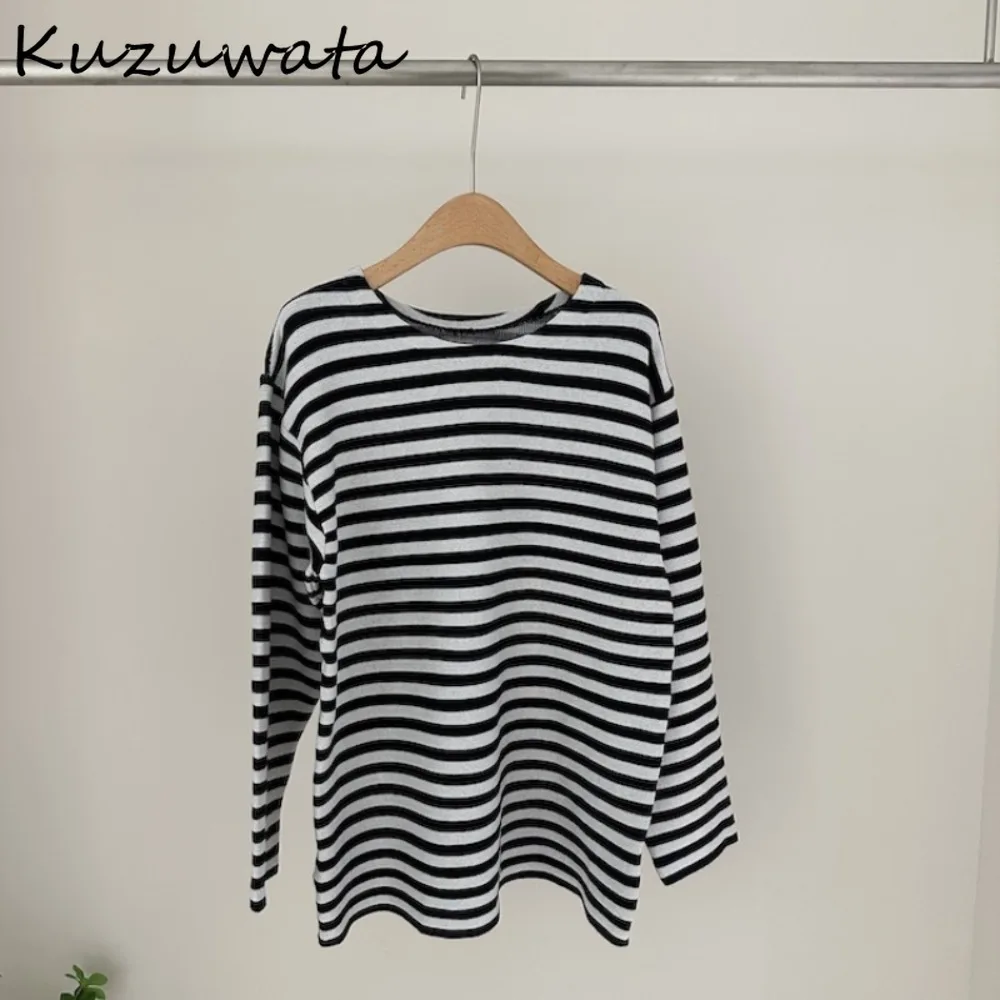 Kuzuwata Vintage Casual Loose Knit Stripe Pull Femme All-match Mid-length Undershirt Japan Raglan Sleeve Harajuku Minority Tops