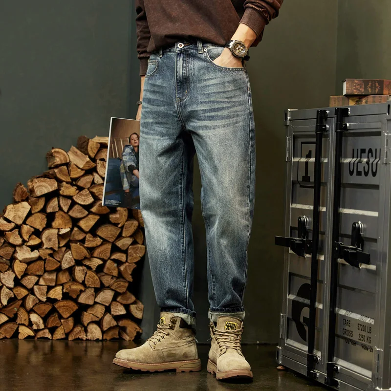 جينز أمريكي عتيق خريفي جديد للرجال فضفاض مستقيم من قماش الدنيم سروال هارلم موضة الشارع الهيب هوب ملابس العمل الجينز Y2K #2