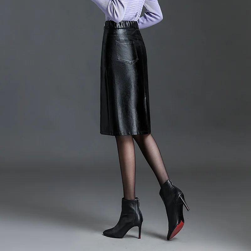 Autumn Winter Women High Waist PU Leather Skirt Elegant Chic Slim Casual Office Lady Bodycon Knee-length Pencil Skirts 4XL 6859