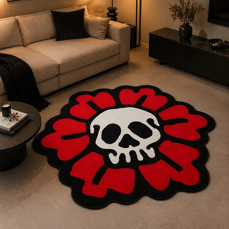 VIKAMA Skull Flower Round Rug, Bedside Rug for the Bedroom, Dark Aesthetic Rug for the Living Room, Home Decor