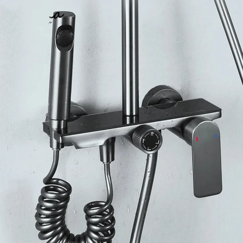 

Мытье в ванной комнате, серый душевой набор с горячей и холодной водой, настенный мощный ручной насадкой для душа, набор для душа