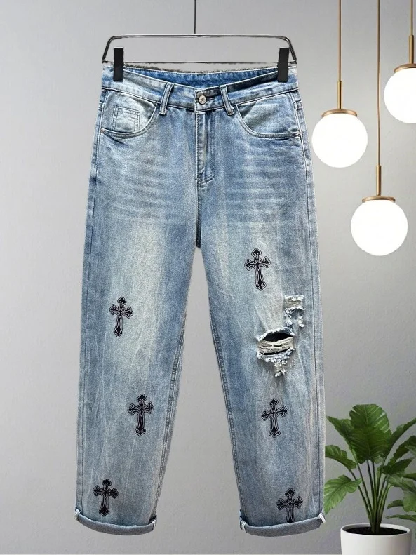 

New 2025 Men's Loose Straight Leg Jeans Torn American Sle Spring Autumn High Street Vibe Printed Casual Denim Pants