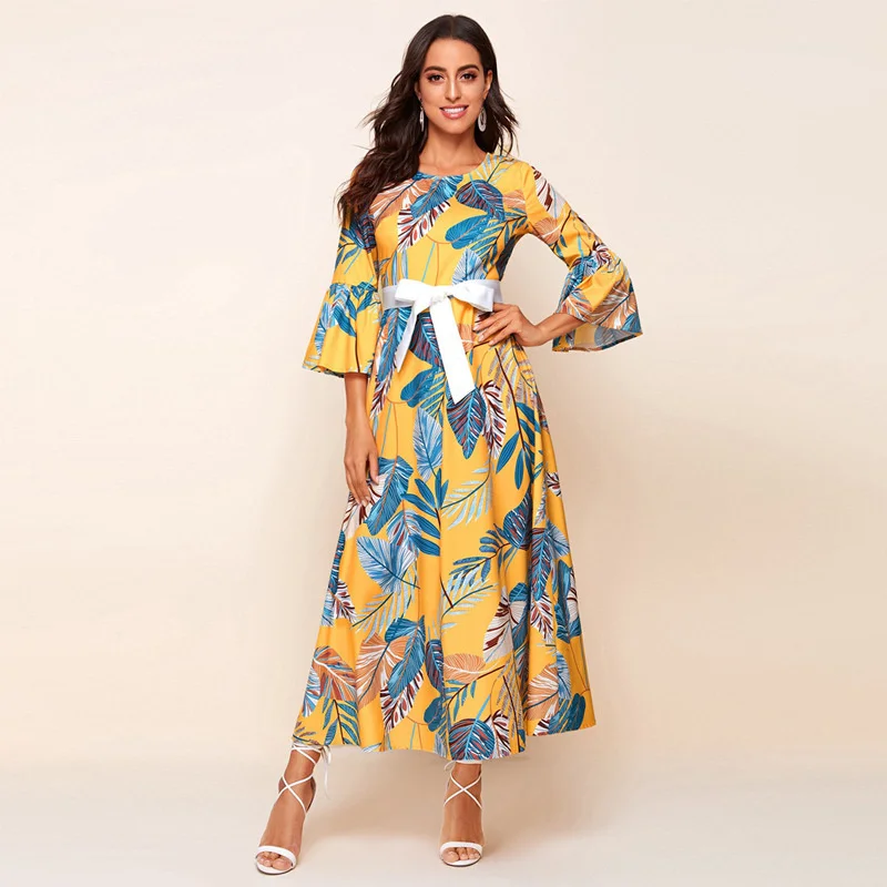 European and American Women's 2023 Spring/summer Bohemian Printed Round Neck Flare Sleeves Dress in Stock Vestidos